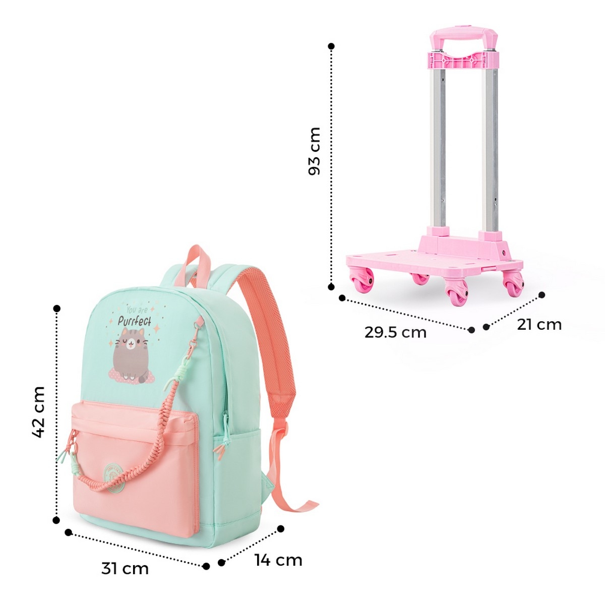 Eazy Kids 16.5” Purfect Dreams School Backpack with 4-Wheel Trolley Set