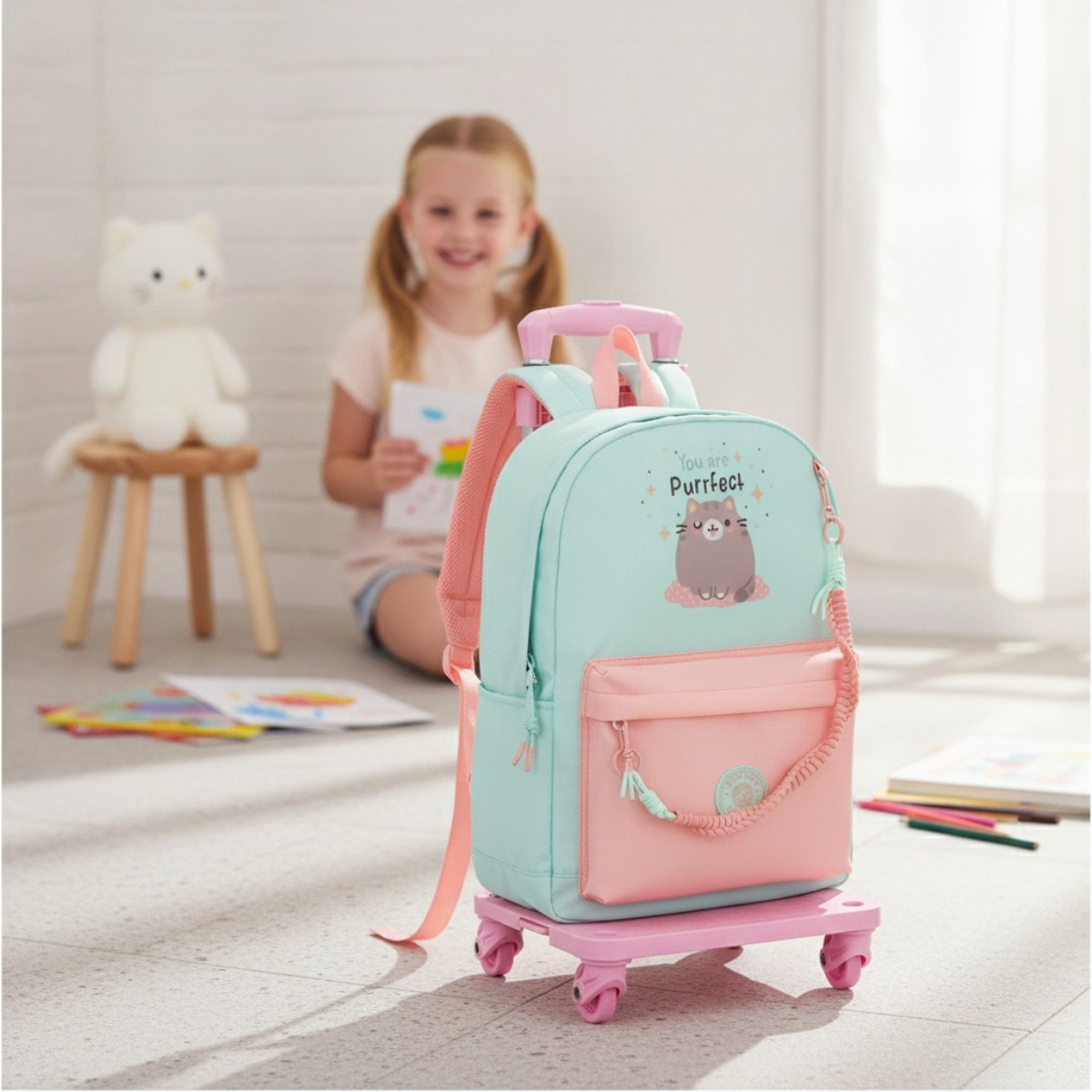 Eazy Kids 16.5” Purfect Dreams School Backpack with 4-Wheel Trolley Set