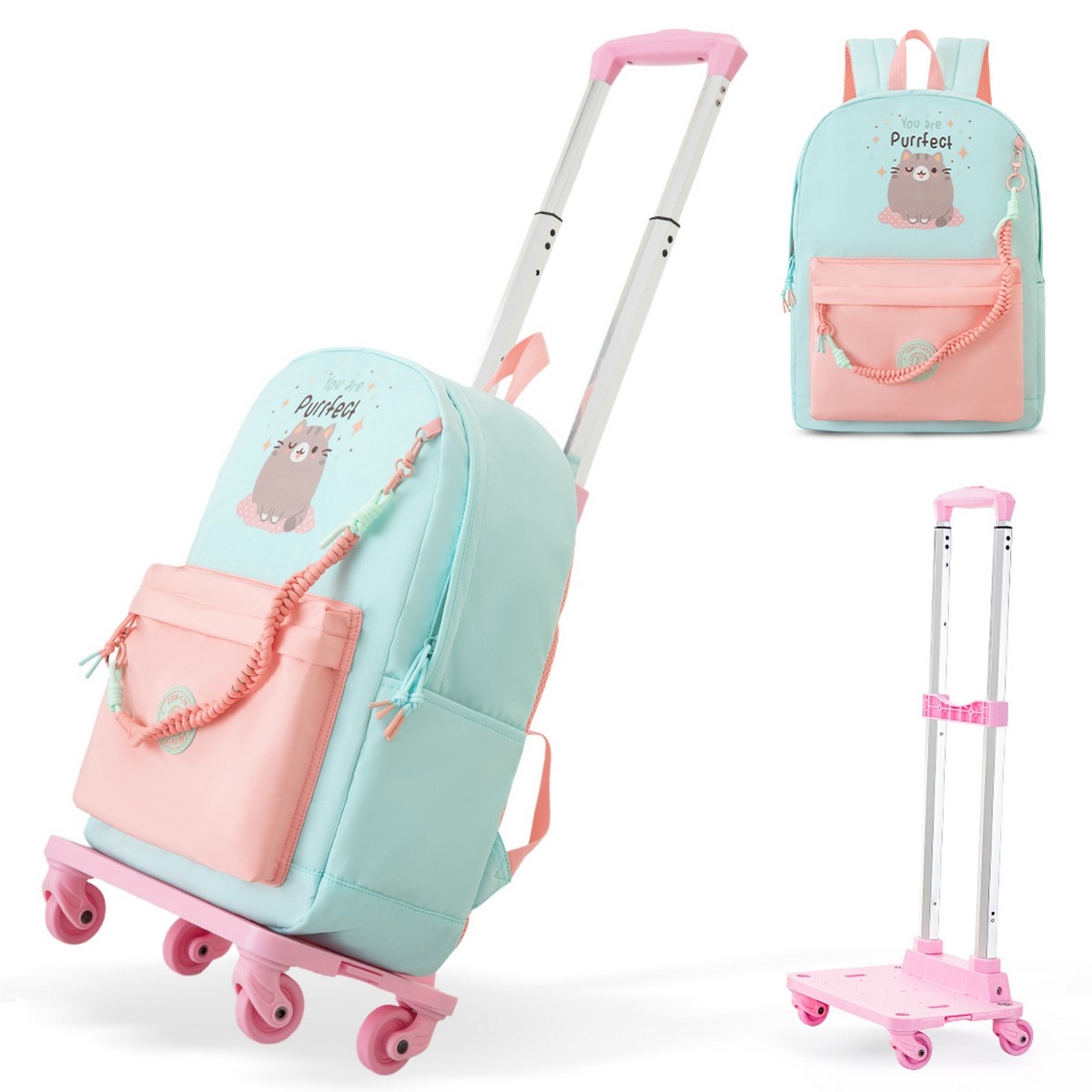 Eazy Kids 16.5” Purfect Dreams School Backpack with 4-Wheel Trolley Set