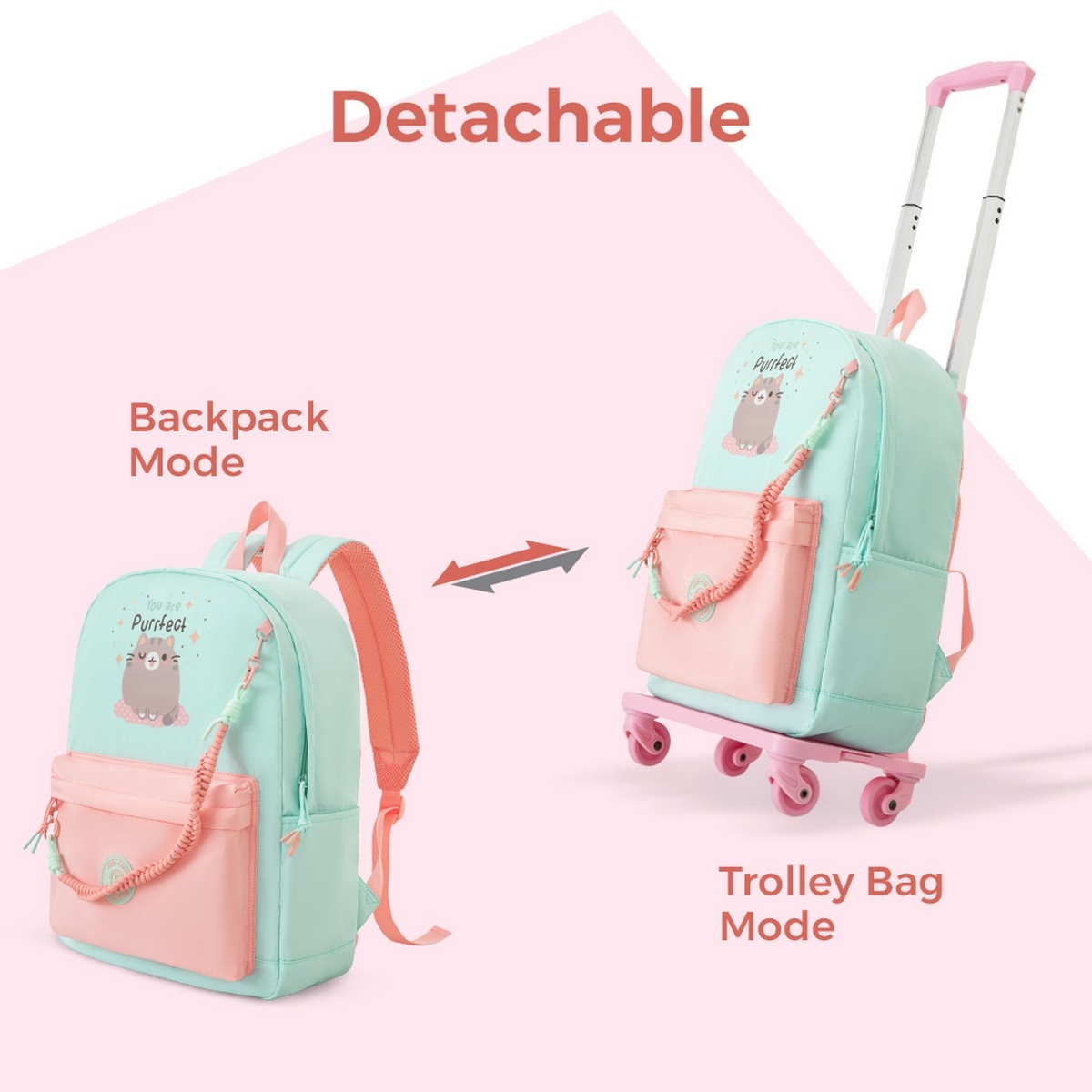 Eazy Kids 16.5” Purfect Dreams School Backpack with 4-Wheel Trolley Set