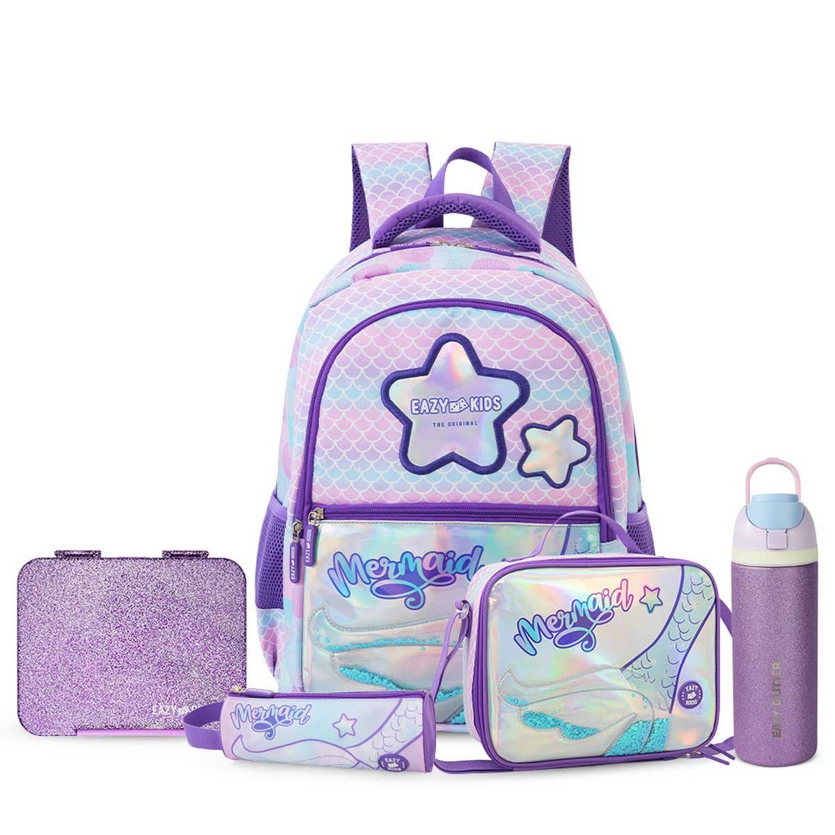 Eazy Kids 16” Backpack + Lunch Bag + Pencil Case + Glitter Water Bottle with Bento Lunch Box Set