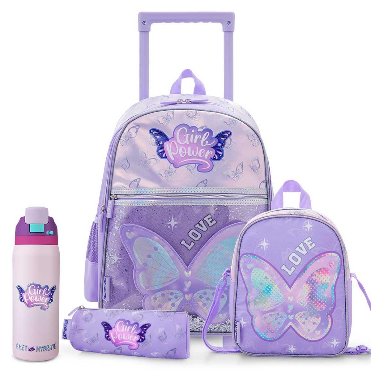 Eazy Kids 16” Girl Power Backpack + Lunch Bag + Pencil Case with 948ml Bling Water Bottle Set