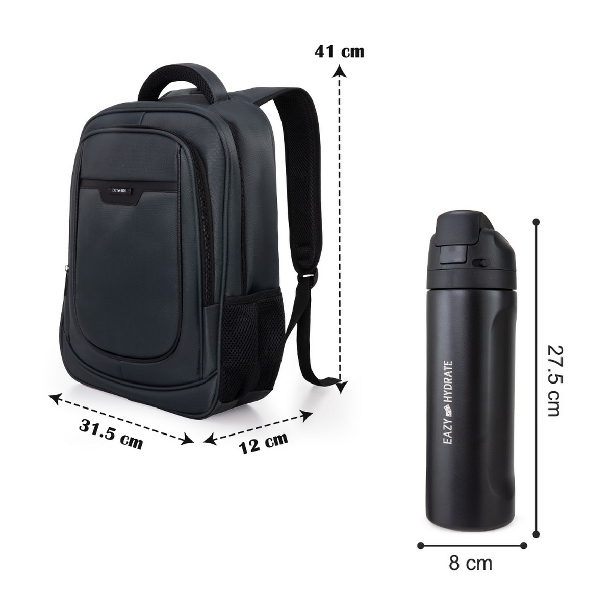 Eazy Kids 16” Grey Backpack with Laptop Sleeve & 710ml Stainless Steel Water Bottle