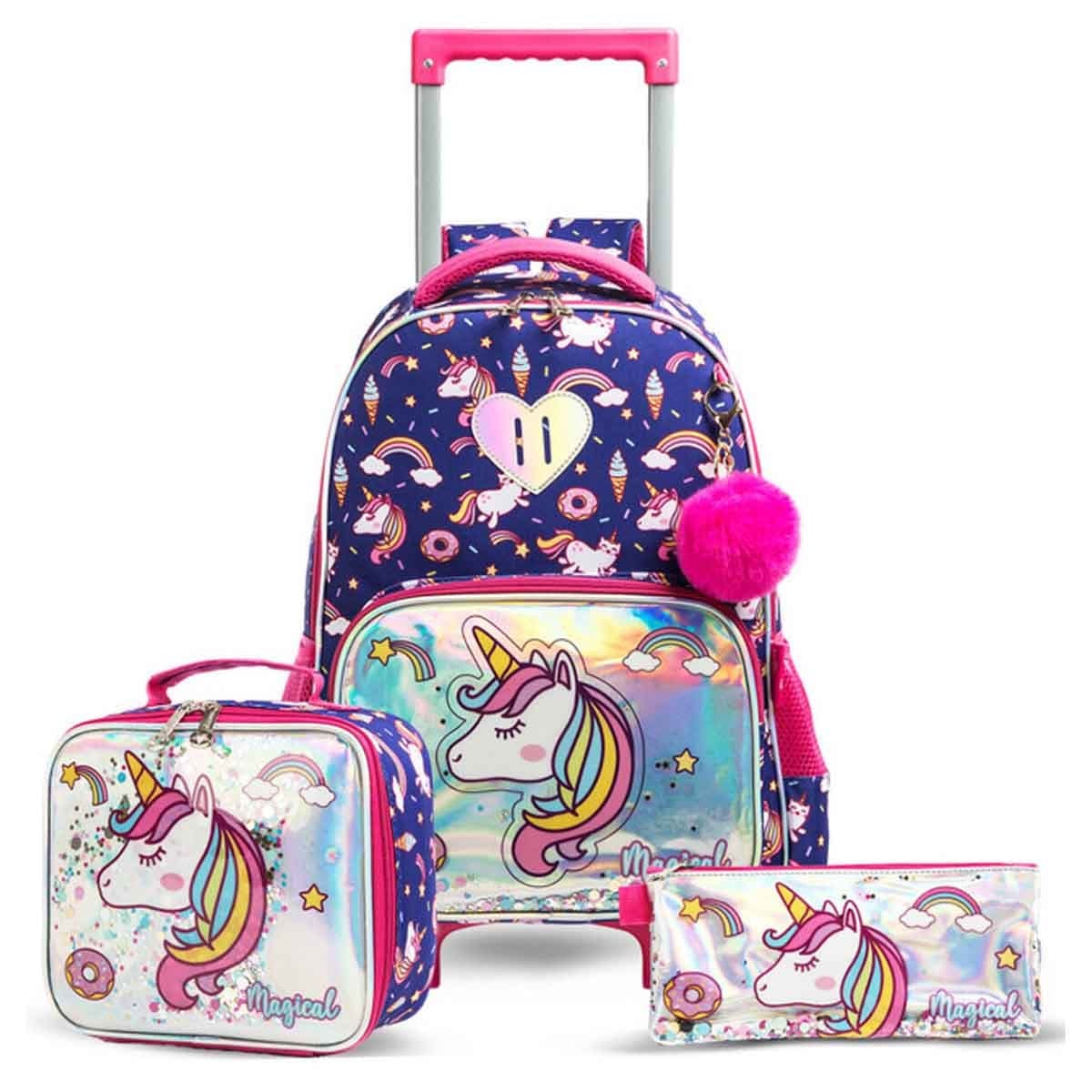 Eazy Kids 16" Unicorn Chrome 3-in-1 Trolley School Bag, Lunch Bag & Pencil Case Combo