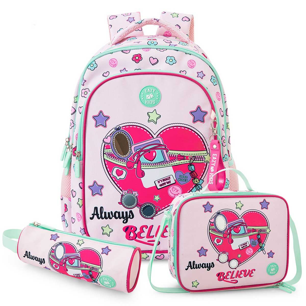 Eazy Kids 17” Always Believe Backpack + Lunch Bag + Pencil Case with 4-Wheel Trolley Set