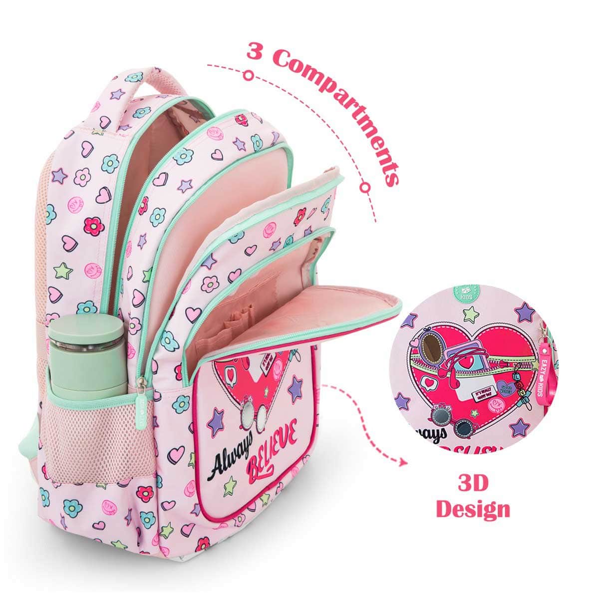 Eazy Kids 17” Always Believe Backpack with Laptop Compartment & Lunch Bag with Pencil Case