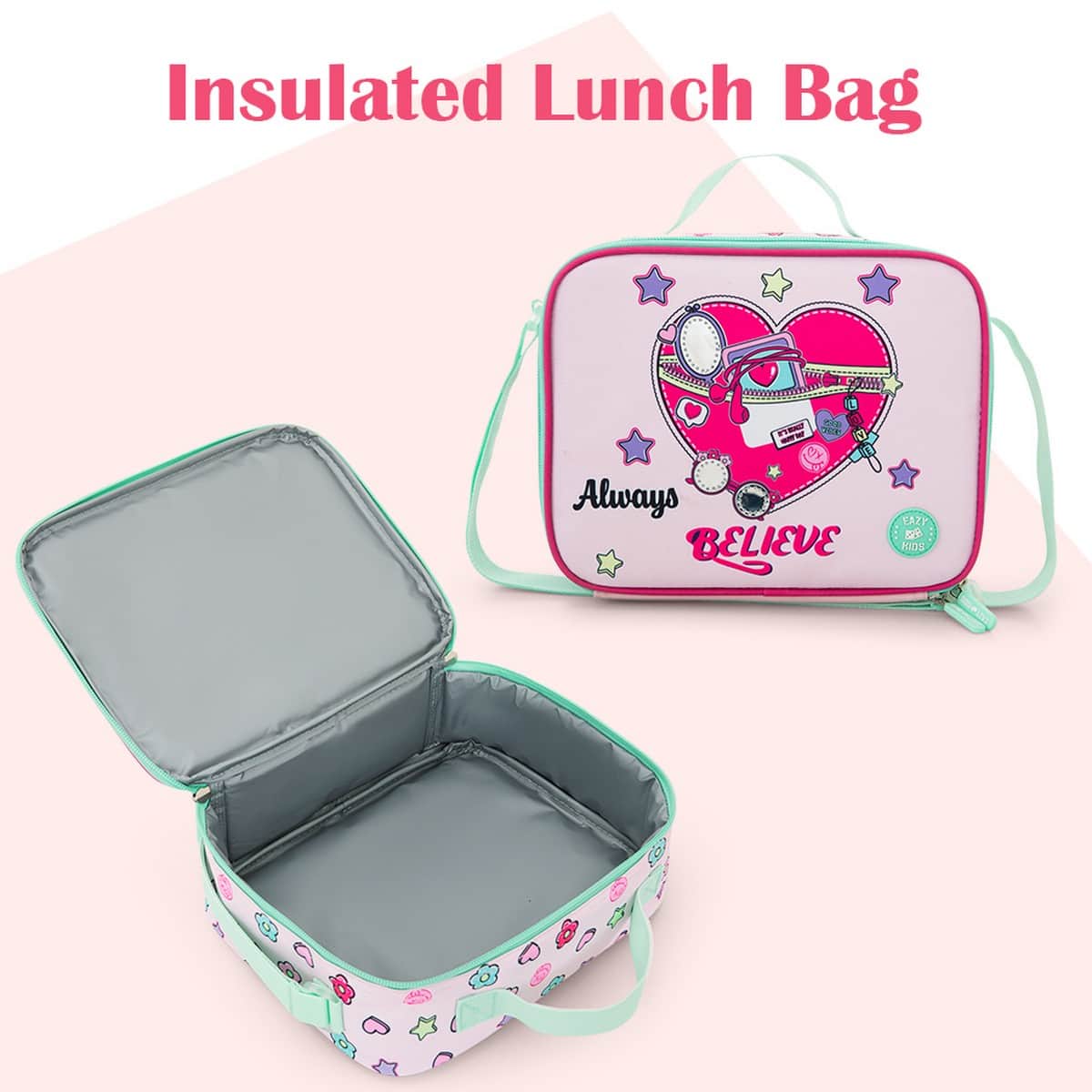 Eazy Kids 17” Always Believe Backpack with Laptop Compartment & Lunch Bag with Pencil Case