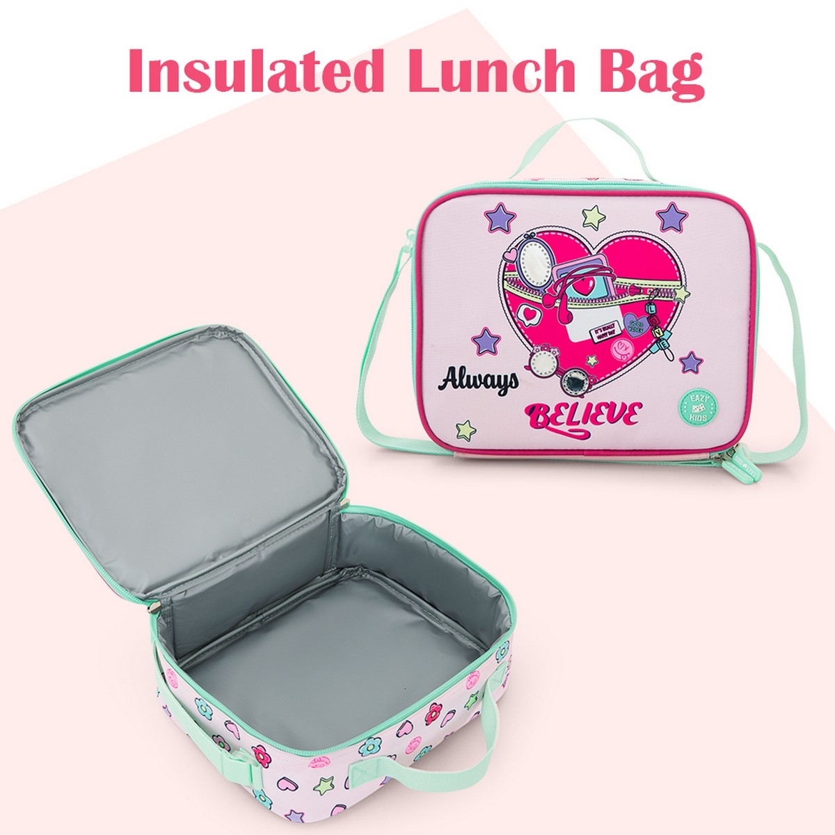 Eazy Kids 17” Always Believe Backpack with Laptop Compartment & Lunch Bag with Pencil Case