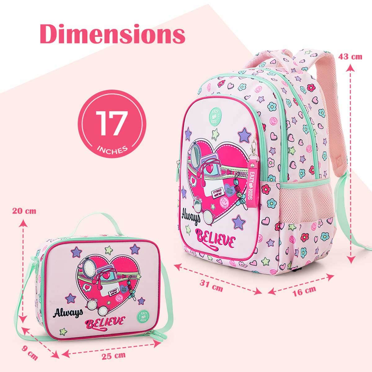 Eazy Kids 17” Always Believe Backpack with Laptop Compartment & Lunch Bag with Pencil Case