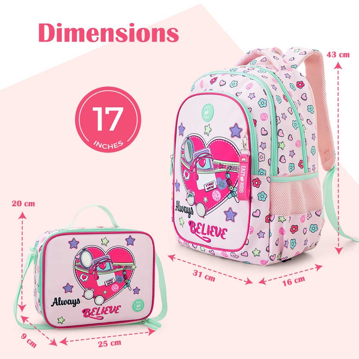 Eazy Kids 17” Always Believe Backpack with Laptop Compartment & Lunch Bag with Pencil Case