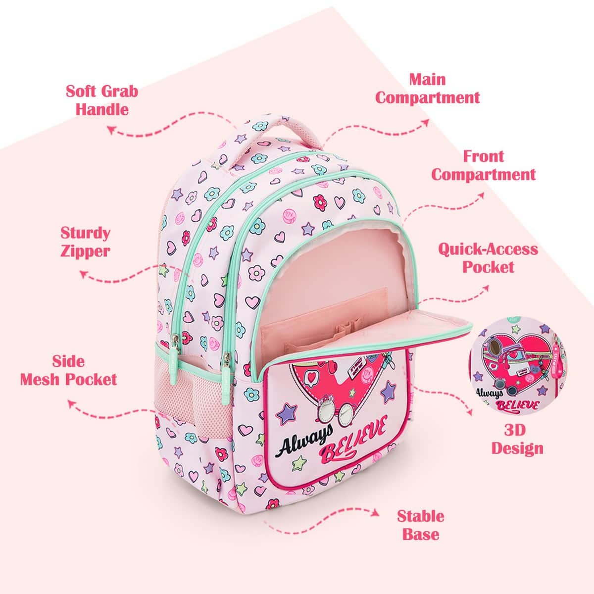 Eazy Kids 17” Always Believe Backpack with Laptop Compartment & Lunch Bag with Pencil Case