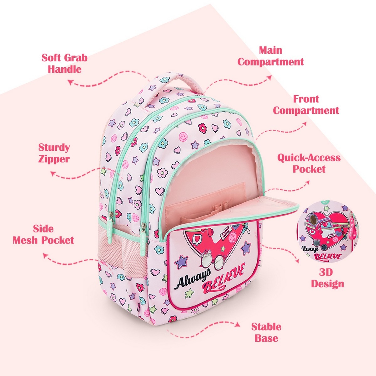 Eazy Kids 17” Always Believe Backpack with Laptop Compartment & Lunch Bag with Pencil Case