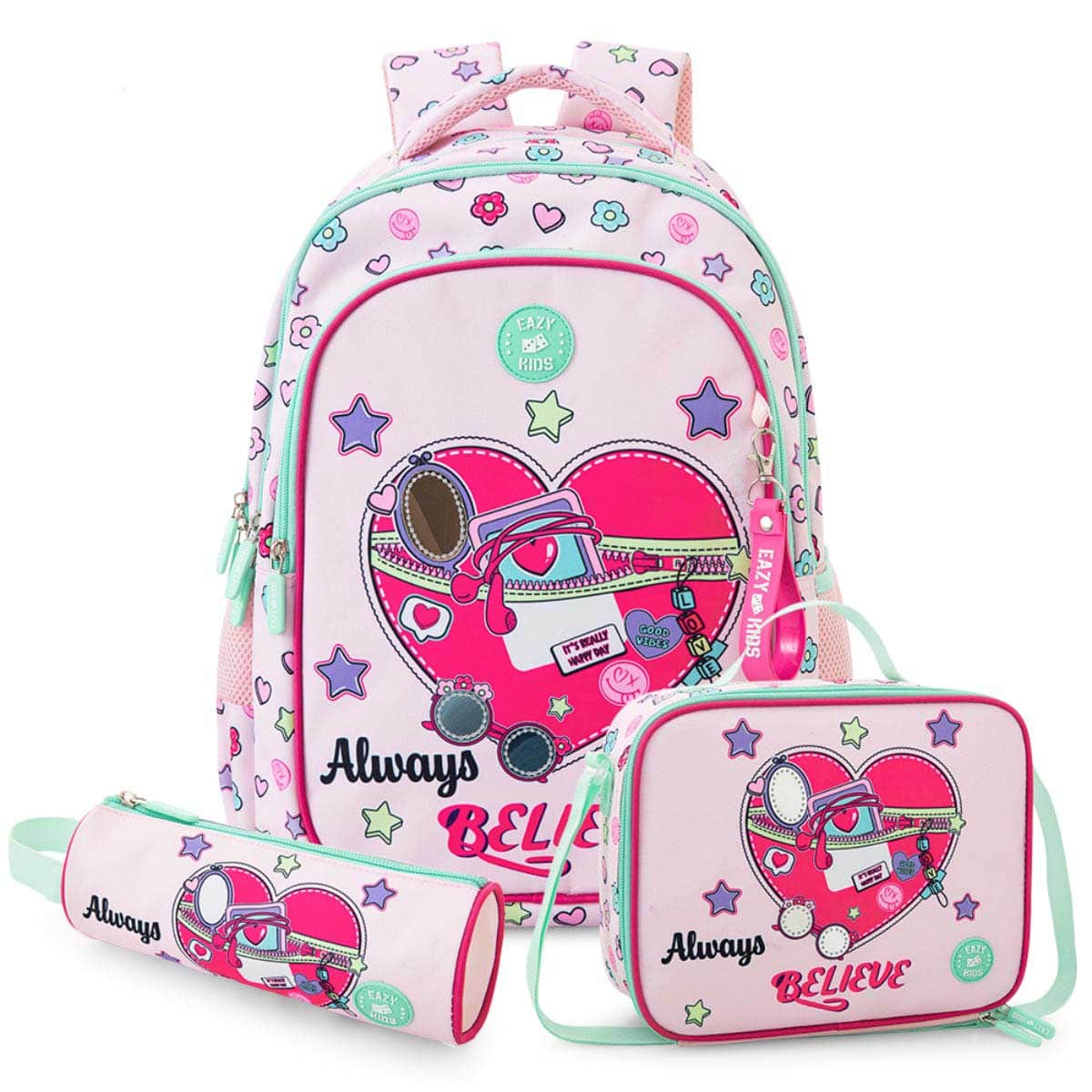 Eazy Kids 17” Always Believe Pink Backpack & Water Bottle with Convertible Bento Lunch Box