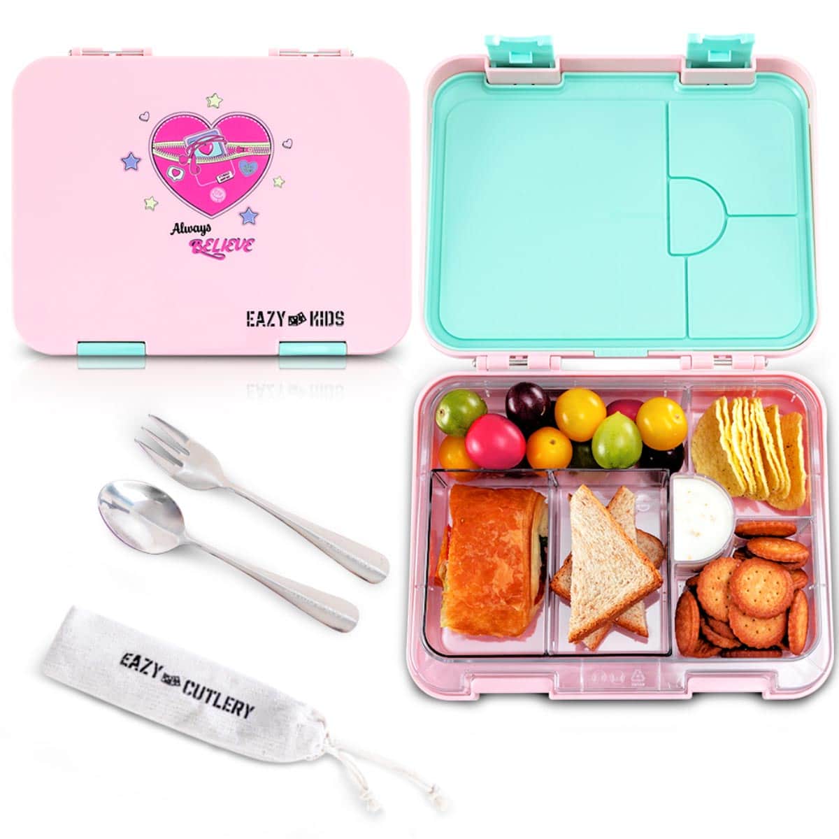 Eazy Kids 17” Always Believe Pink Backpack & Water Bottle with Convertible Bento Lunch Box