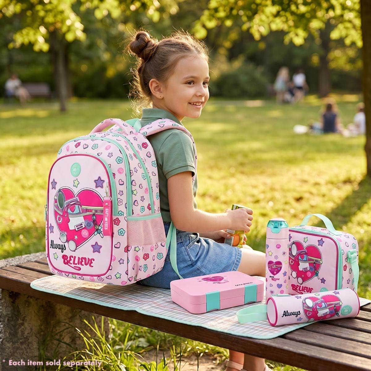 Eazy Kids 17” Always Believe Pink Backpack & Water Bottle with Convertible Bento Lunch Box