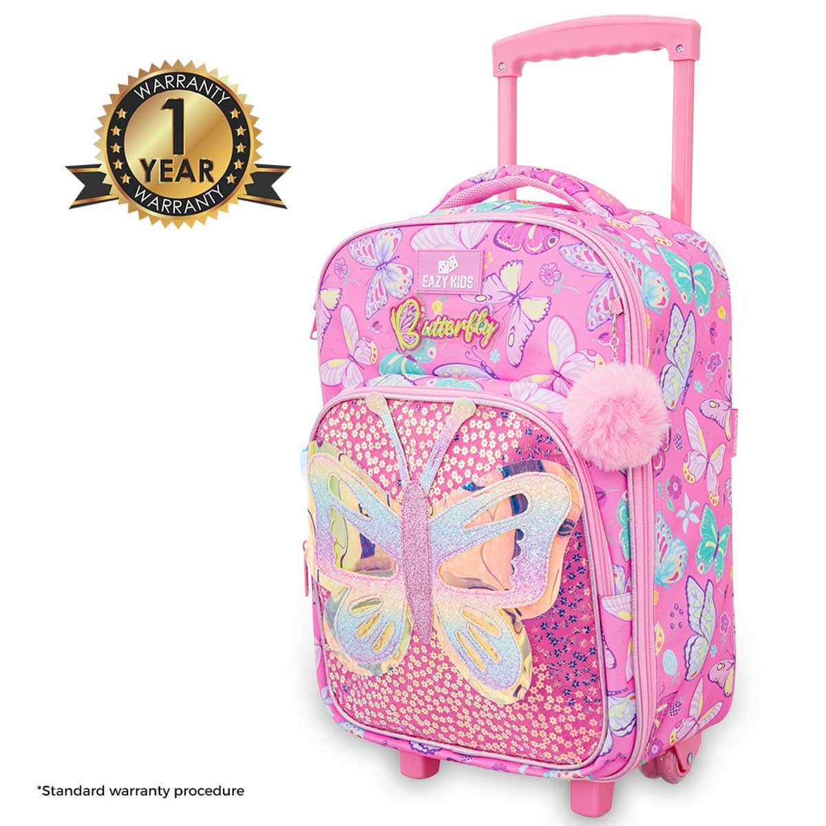 Eazy Kids 17” Butterfly Pink Trolley School Backpack with Glitter Stainless Steel Water Bottle