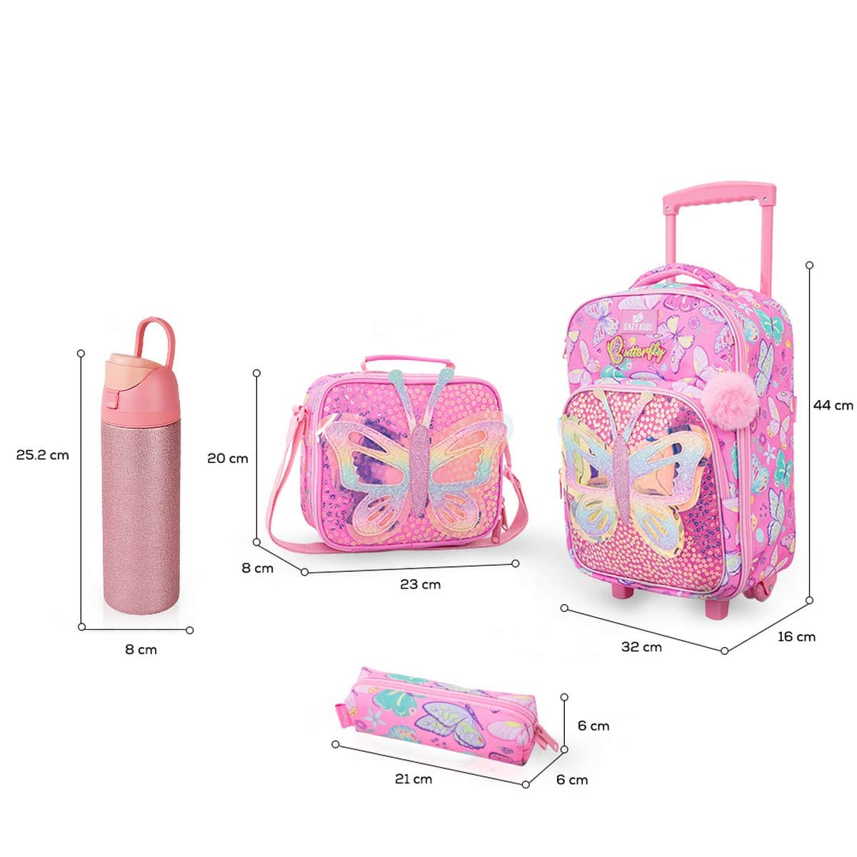 Eazy Kids 17” Butterfly Pink Trolley School Backpack with Glitter Stainless Steel Water Bottle