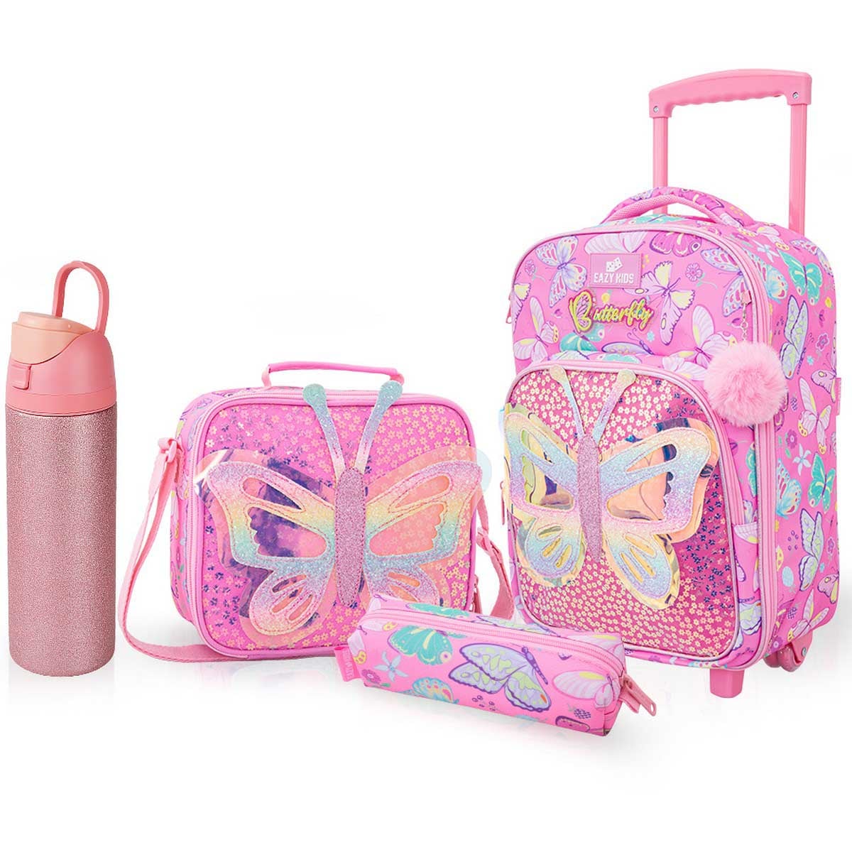 Eazy Kids 17” Butterfly Pink Trolley School Backpack with Glitter Stainless Steel Water Bottle