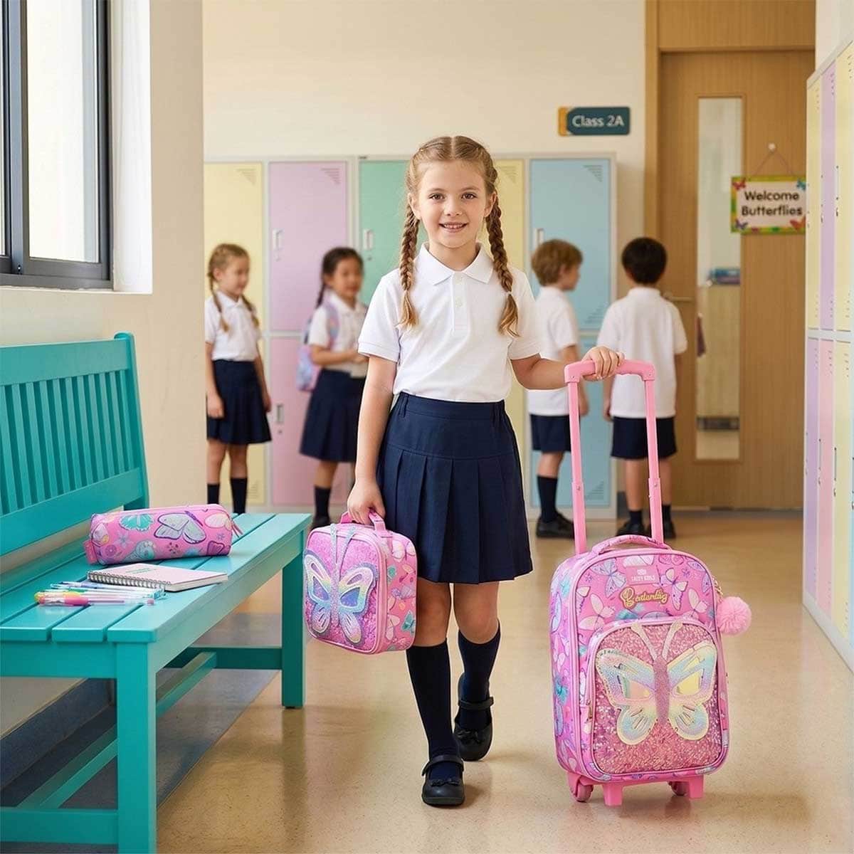 Eazy Kids 17” Butterfly Pink Trolley School Backpack with Glitter Stainless Steel Water Bottle