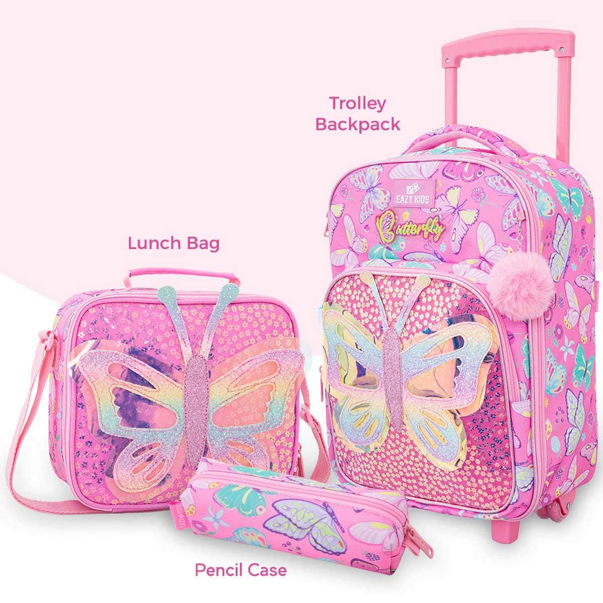 Eazy Kids 17” Butterfly Pink Trolley School Backpack with Glitter Stainless Steel Water Bottle