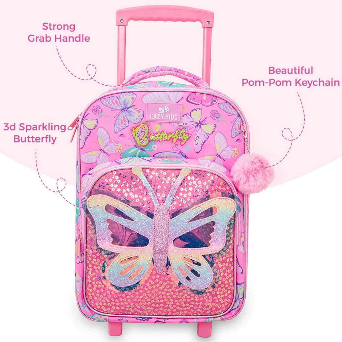 Eazy Kids 17” Butterfly Pink Trolley School Backpack with Glitter Stainless Steel Water Bottle