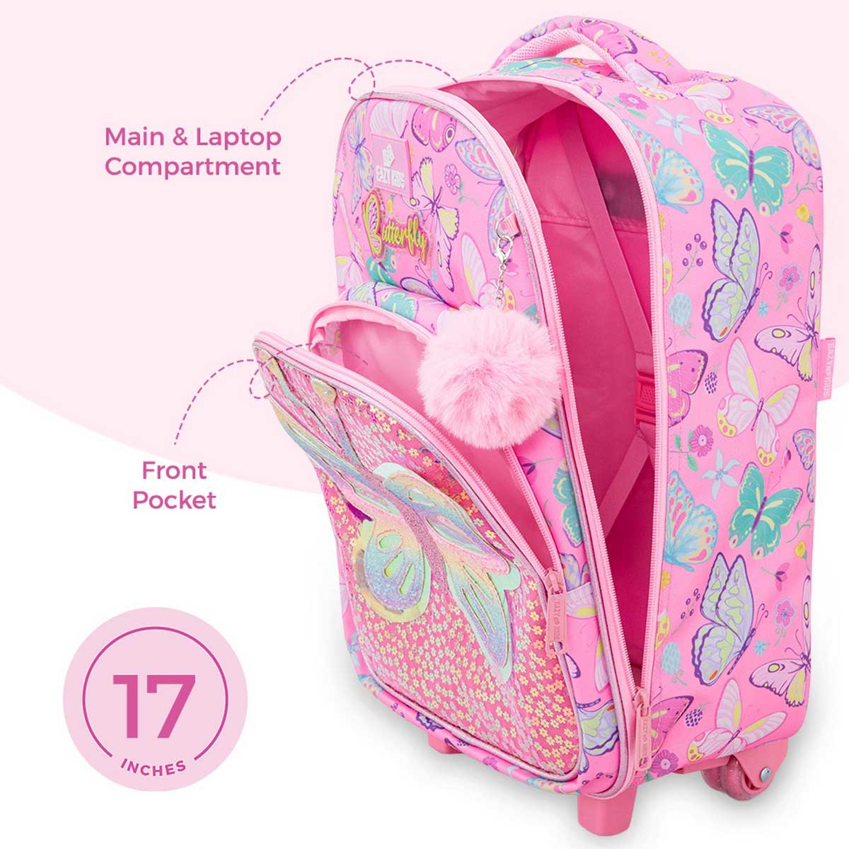 Eazy Kids 17” Butterfly Pink Trolley School Backpack with Glitter Stainless Steel Water Bottle