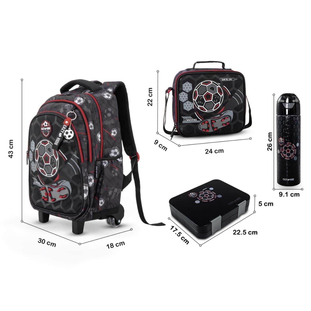 Eazy Kids 17” Football Trolley Backpack & Convertible Bento Lunch Box with Water Bottle