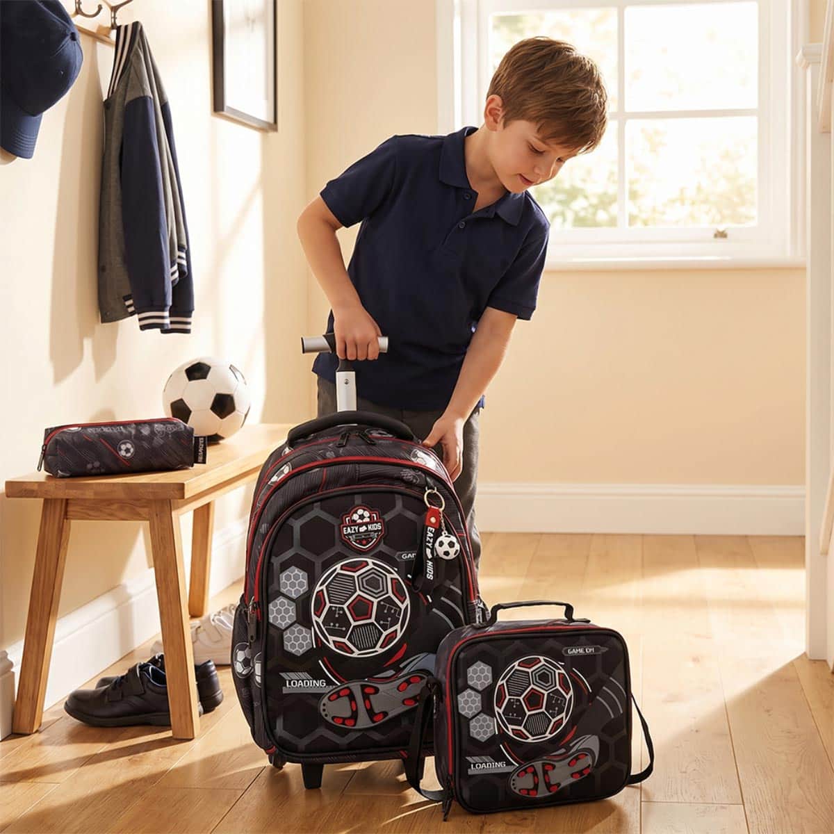 Eazy Kids 17” Football Trolley Backpack & Convertible Bento Lunch Box with Water Bottle