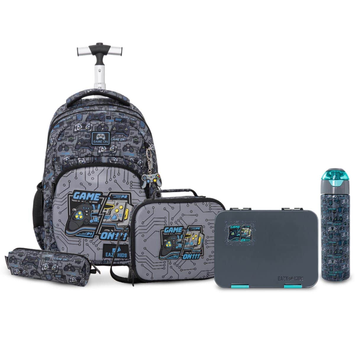 Eazy Kids 17” Gamer Trolley Backpack & Convertible Bento Lunch Box with Water Bottle