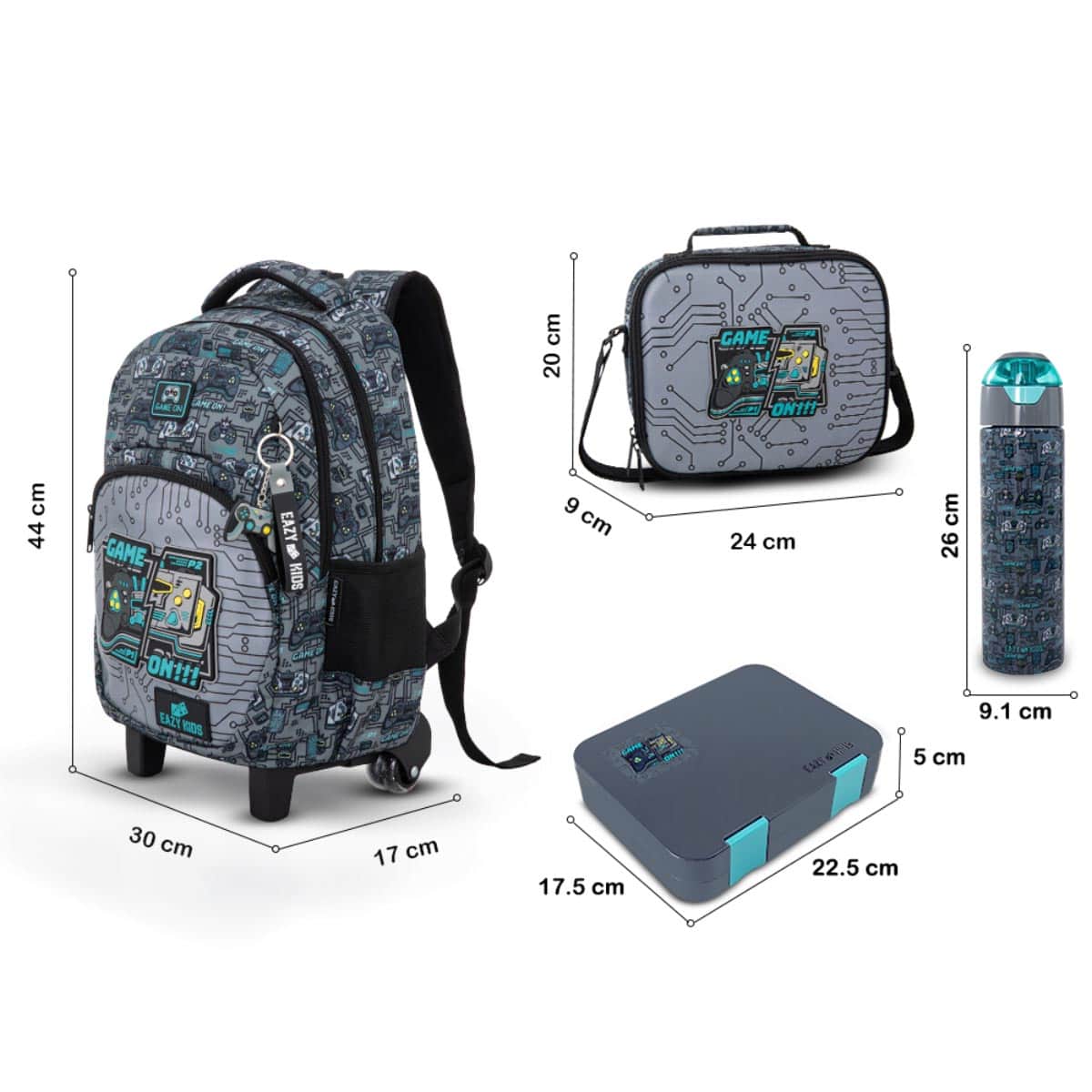 Eazy Kids 17” Gamer Trolley Backpack & Convertible Bento Lunch Box with Water Bottle