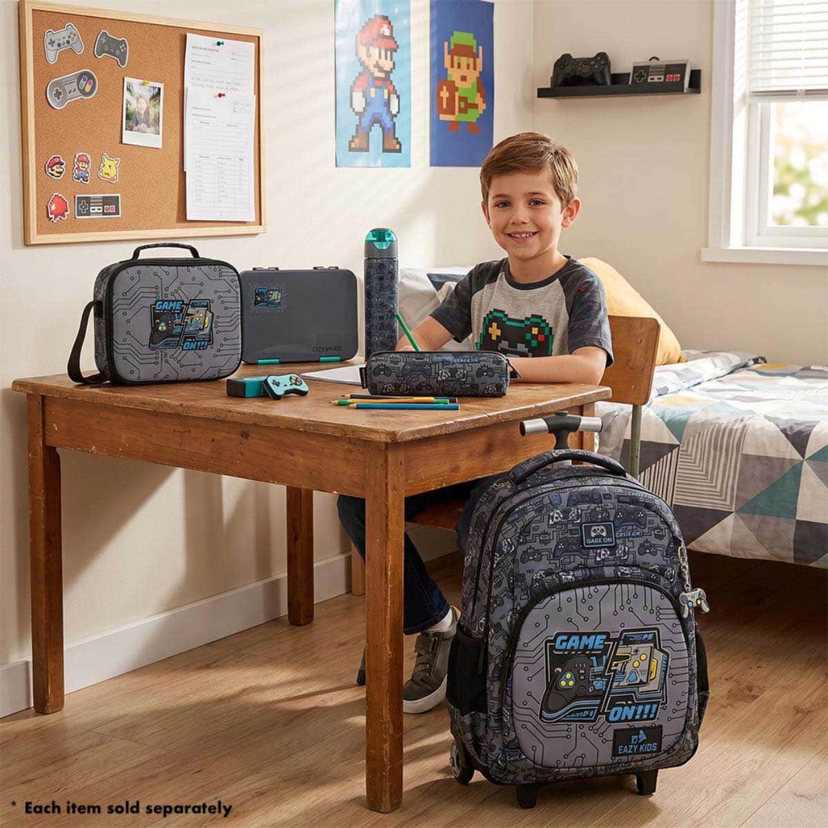 Eazy Kids 17” Gamer Trolley Backpack & Convertible Bento Lunch Box with Water Bottle