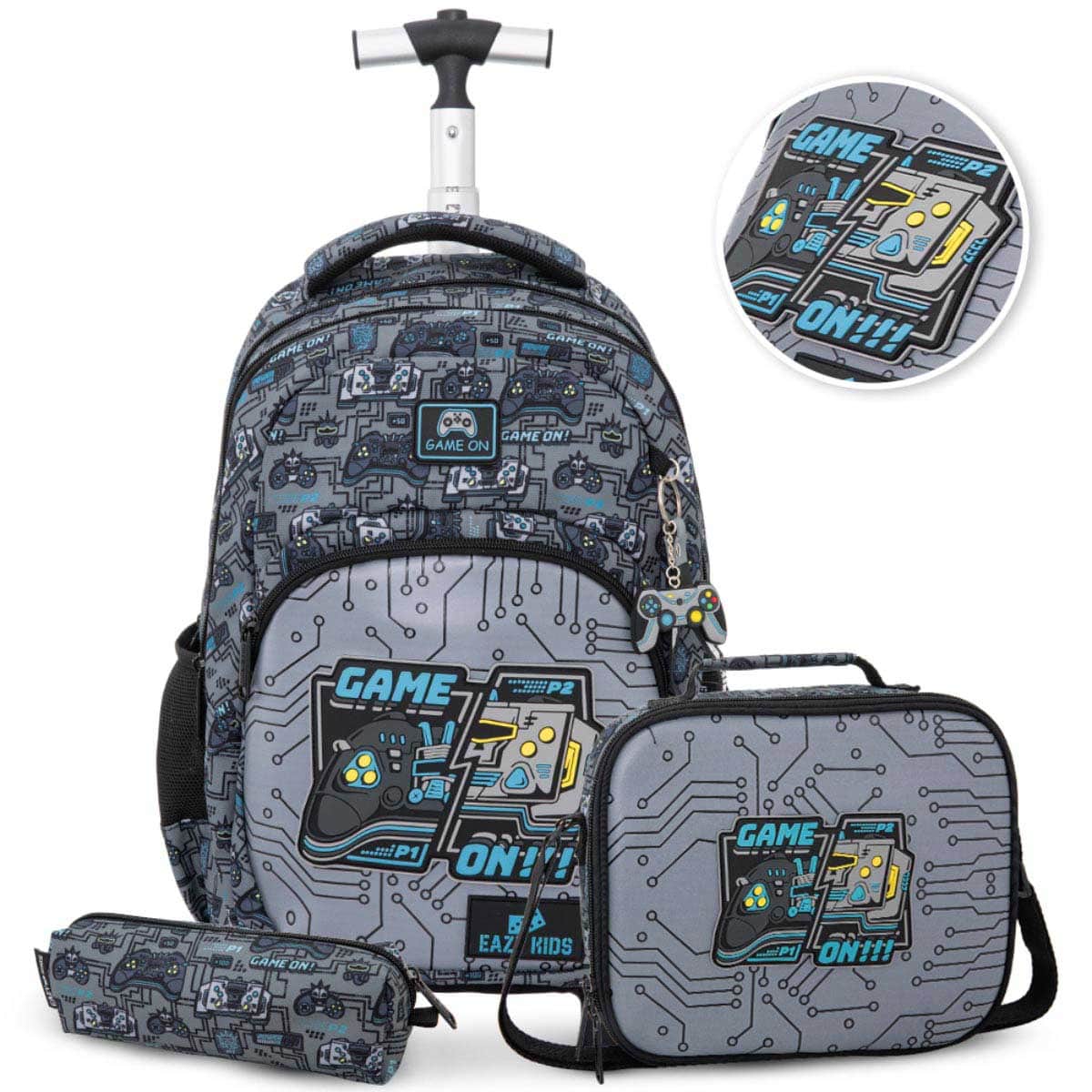 Eazy Kids 17” Gamer Trolley Backpack & Convertible Bento Lunch Box with Water Bottle