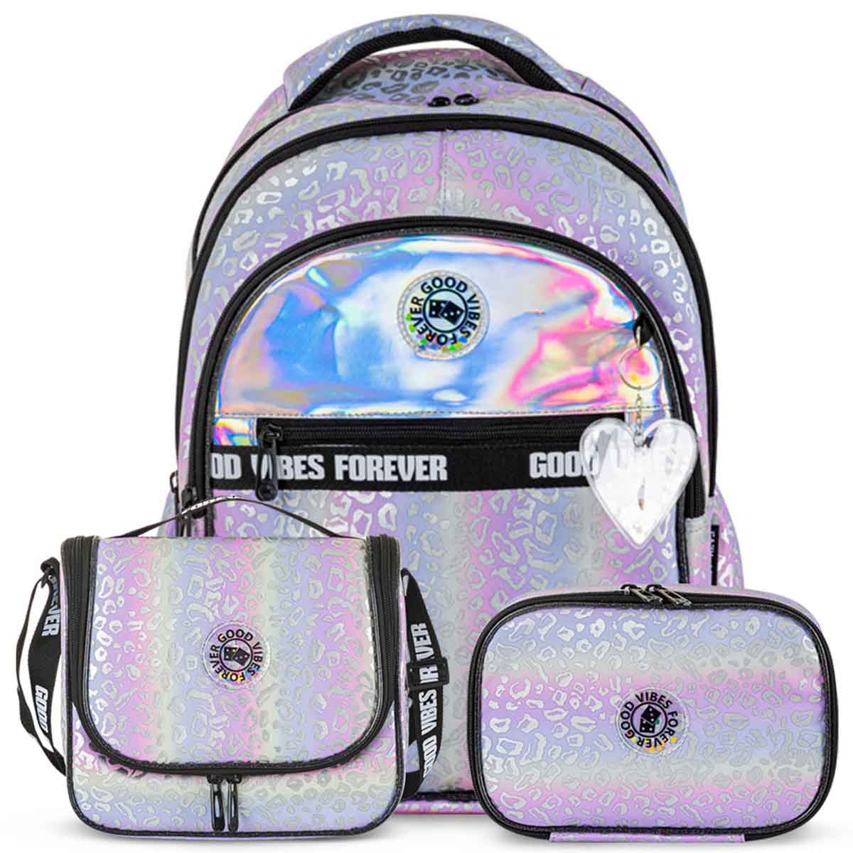 إيزي كيدز حقيبة مدرسية 3 في 1 مقاس 17 إنش بتصميم غود فايبس مع حقيبة غداء ومقلمة
