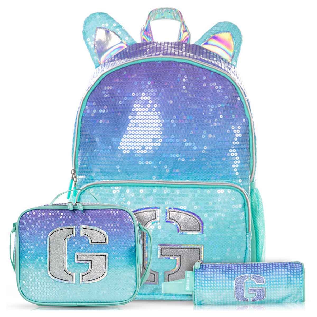 إيزي كيدز حقيبة ظهر 3 في 1 مقاس 17 إنش بتصميم جيرل غليتر مع حقيبة غداء ومقلمة