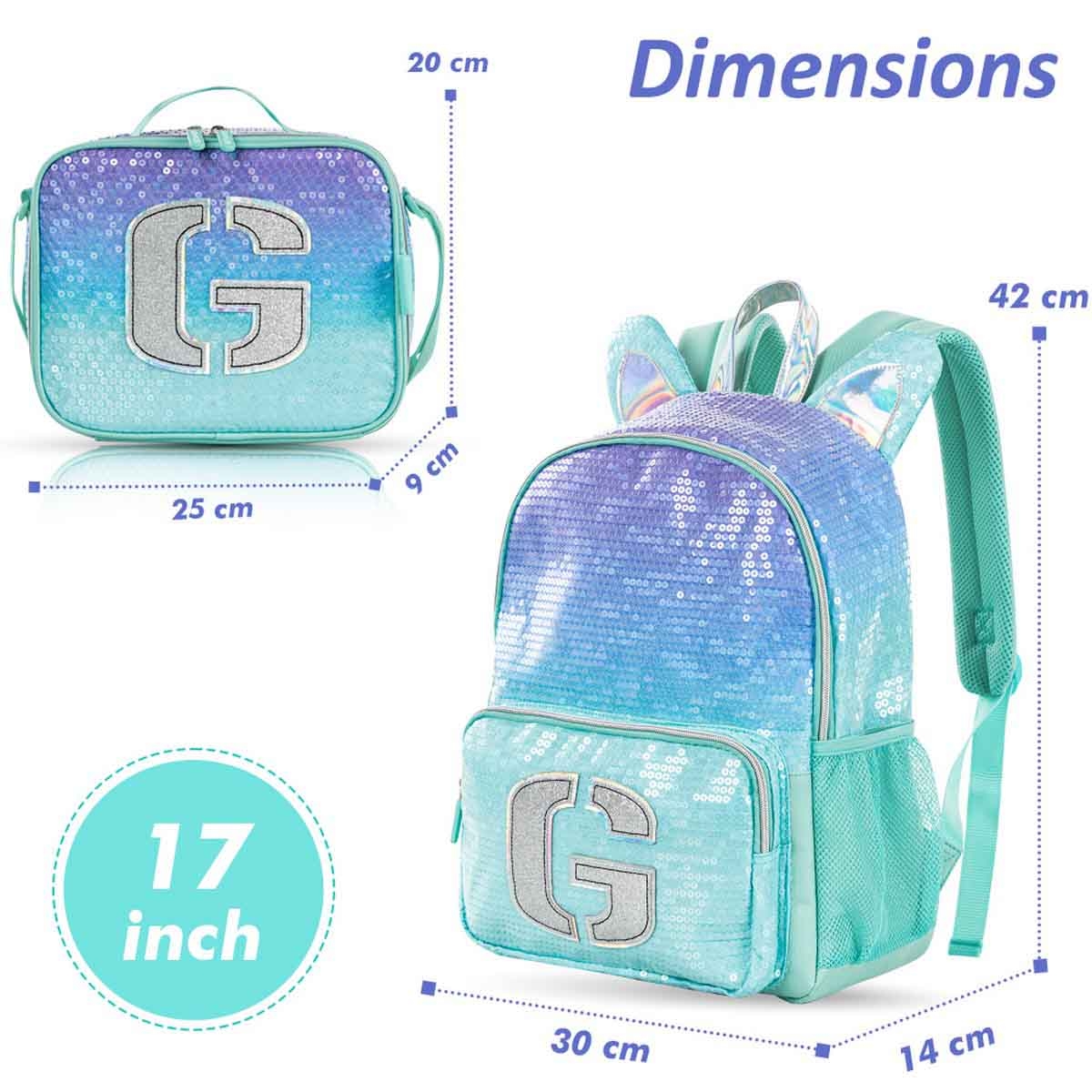إيزي كيدز حقيبة ظهر 3 في 1 مقاس 17 إنش بتصميم جيرل غليتر مع حقيبة غداء ومقلمة