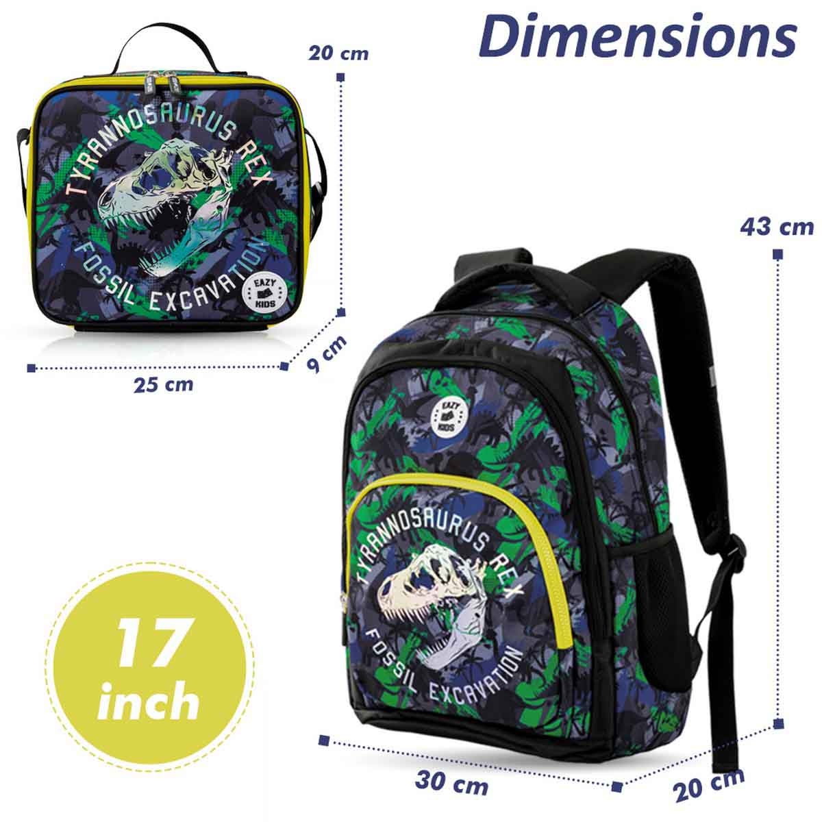 Eazy Kids 17" T-Rex 3-in-1 Backpack with Lunch Bag & Pencil Case