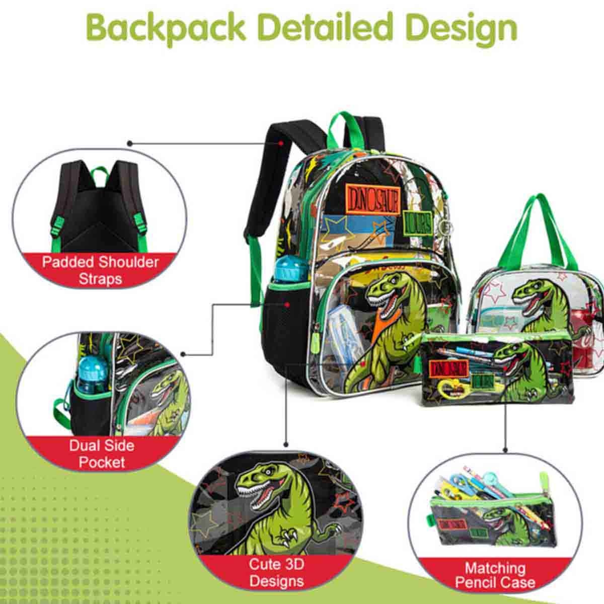 إيزي كيدز مجموعة 3 في 1 حقيبة مدرسية 17 إنش بتصميم ديناصور مع حقيبة غداء وحقيبة أقلام