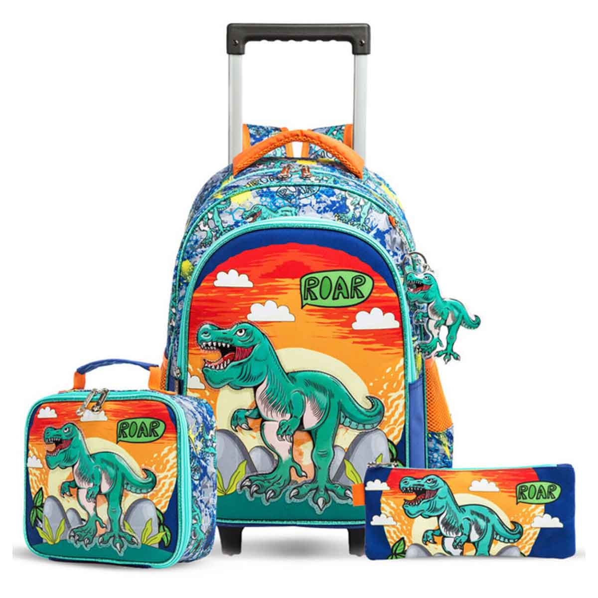 Eazy Kids 17" Dinosaur 3-in-1 Trolley School Bag, Lunch Bag & Pencil Case Combo