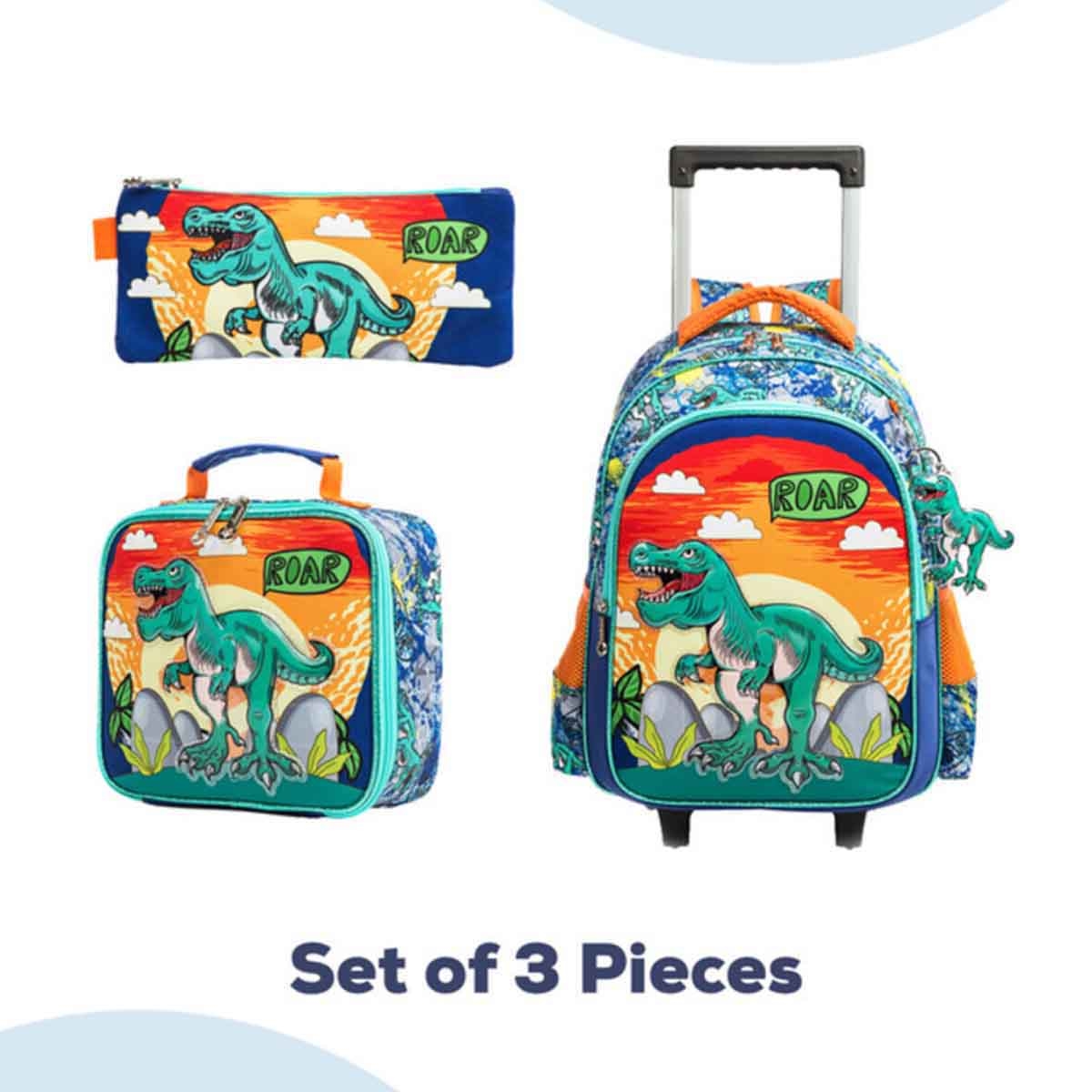 إيزي كيدز مجموعة 3 في 1 حقيبة مدرسية 17 إنش بعجلات بتصميم ديناصور مع حقيبة غداء وحقيبة أقلام
