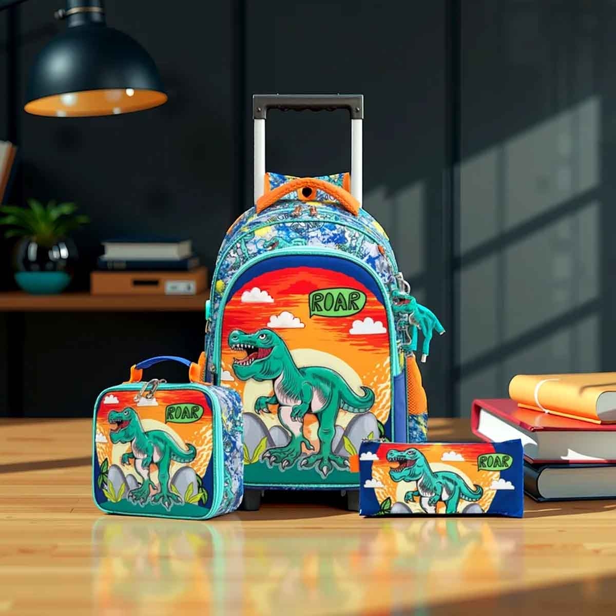 إيزي كيدز مجموعة 3 في 1 حقيبة مدرسية 17 إنش بعجلات بتصميم ديناصور مع حقيبة غداء وحقيبة أقلام
