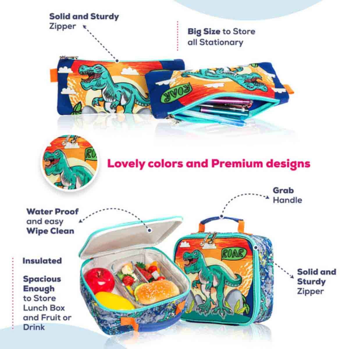 إيزي كيدز مجموعة 3 في 1 حقيبة مدرسية 17 إنش بعجلات بتصميم ديناصور مع حقيبة غداء وحقيبة أقلام