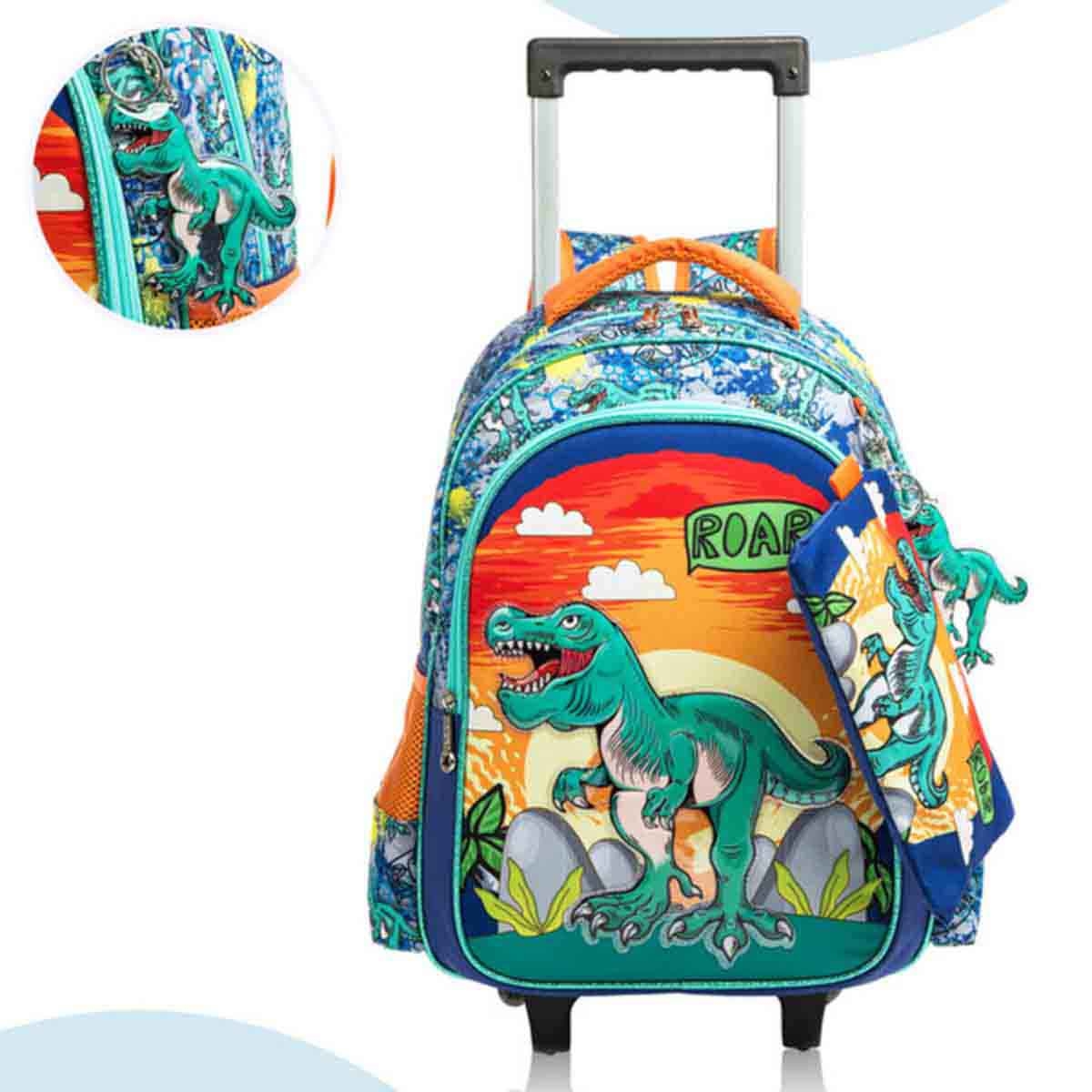 إيزي كيدز مجموعة 3 في 1 حقيبة مدرسية 17 إنش بعجلات بتصميم ديناصور مع حقيبة غداء وحقيبة أقلام