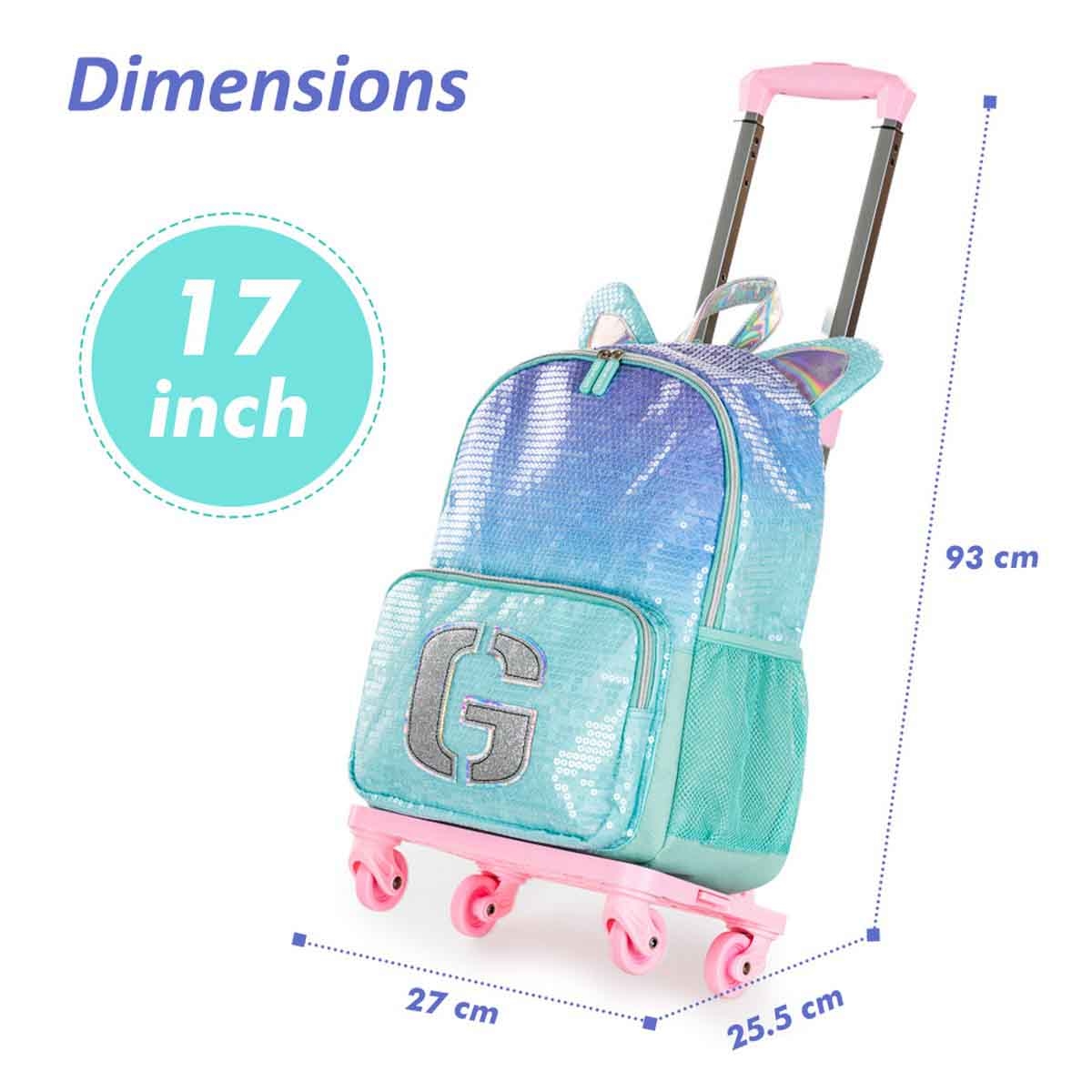 Eazy Kids 17" Girl Glitter 4-in-1 Backpack with 4 Wheel Trolley, Lunch Bag & Pencil Case