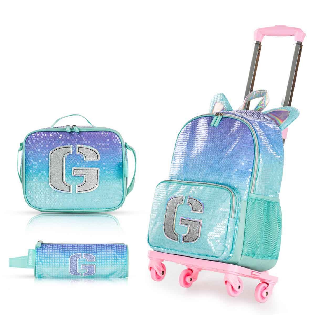 Eazy Kids 17" Girl Glitter 4-in-1 Backpack with 4 Wheel Trolley, Lunch Bag & Pencil Case