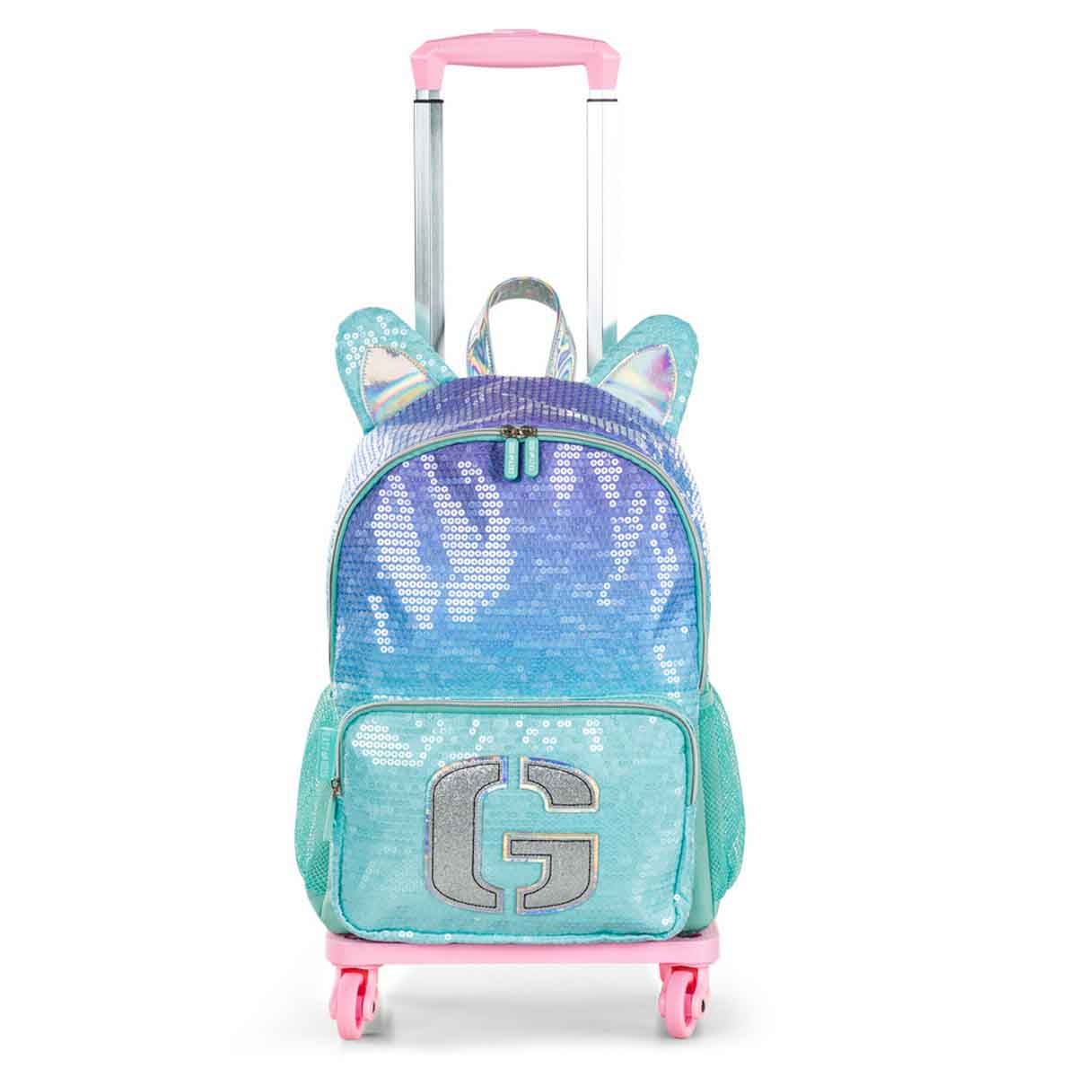 Eazy Kids 17" Girl Glitter 4-in-1 Backpack with 4 Wheel Trolley, Lunch Bag & Pencil Case