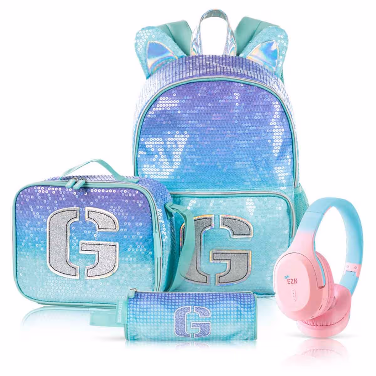 Eazy Kids 17" Girl Glitter 4-in-1 Backpack with BT Headset, Lunch Bag & Pencil Case