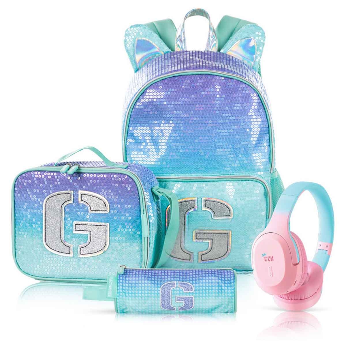 Eazy Kids 17" Girl Glitter 4-in-1 Backpack with BT Headset, Lunch Bag & Pencil Case