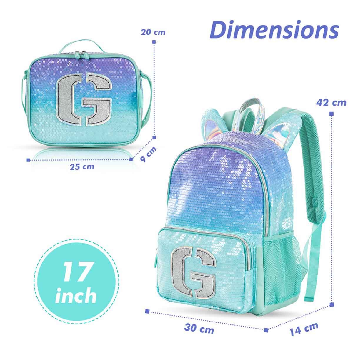 Eazy Kids 17" Girl Glitter 4-in-1 Backpack with BT Headset, Lunch Bag & Pencil Case