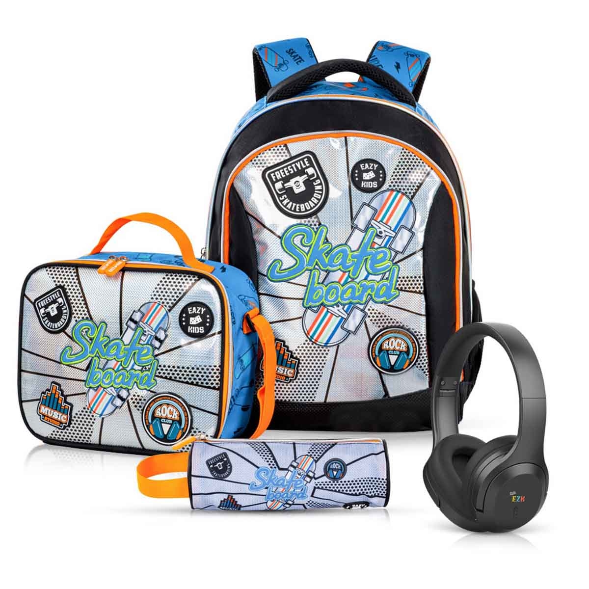 Eazy Kids 17" Skateboard 4-in-1 Backpack with BT Headset, Lunch Bag & Pencil Case