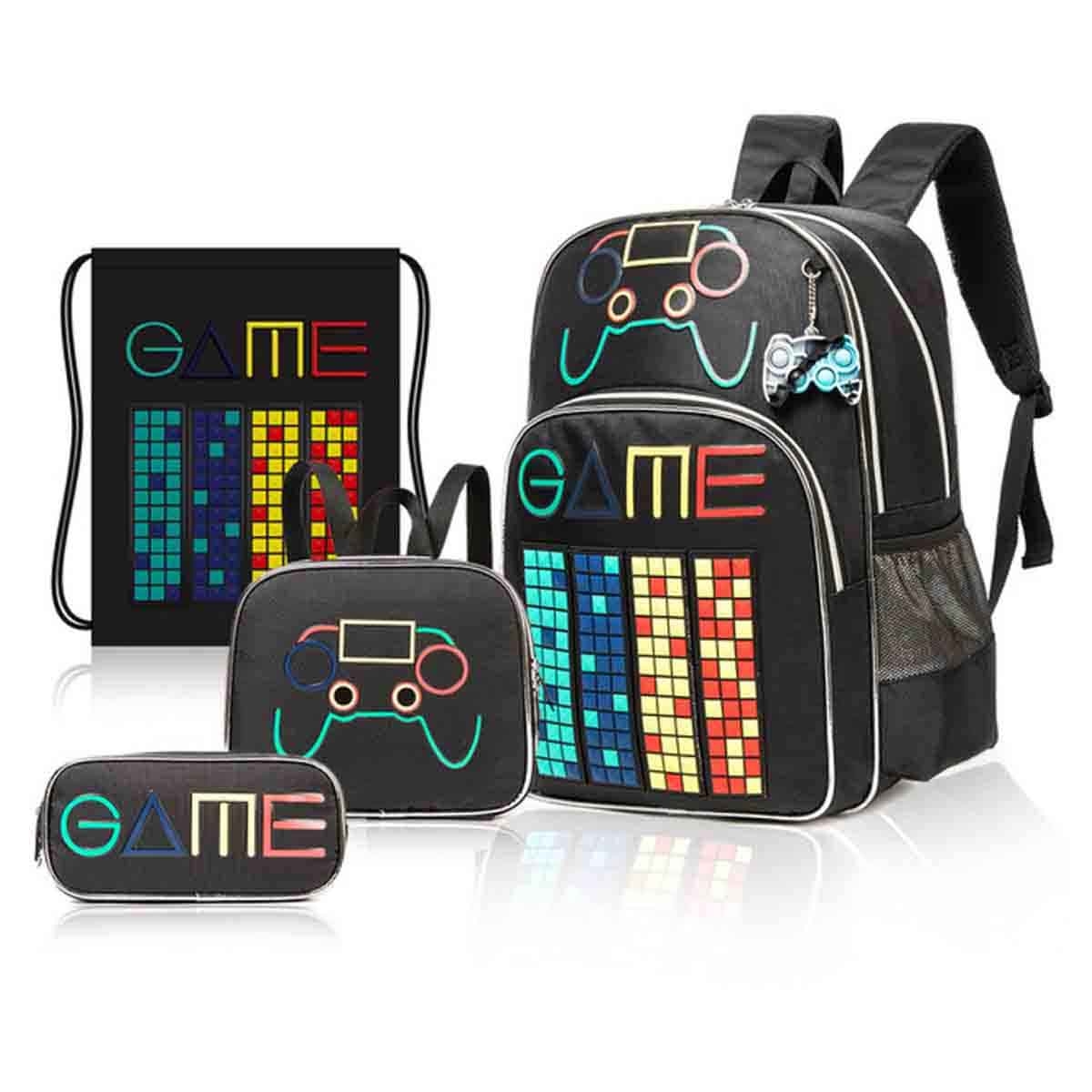 Eazy Kids 17" GenZ Gamer 4-in-1 School Bag with Lunch Bag, Activity Bag & Pencil Case Combo